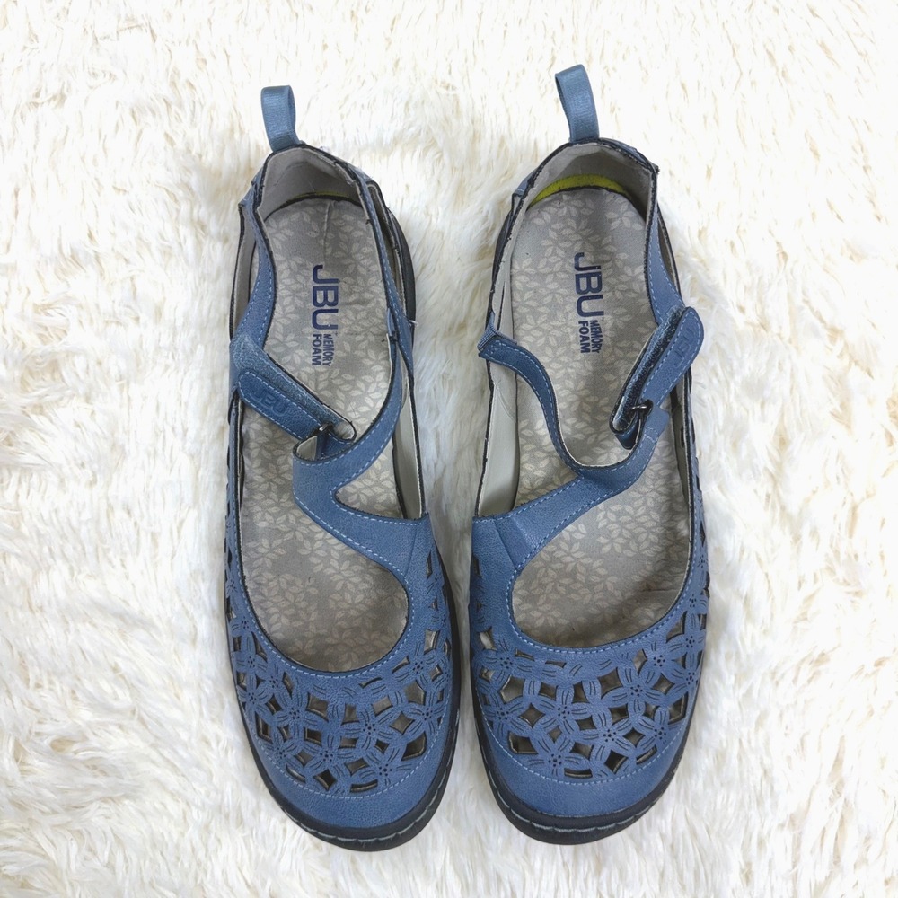 JBU Bellerose Mary Jane Flats Womens 10 Blue Floral Laser Cut Memory Foam